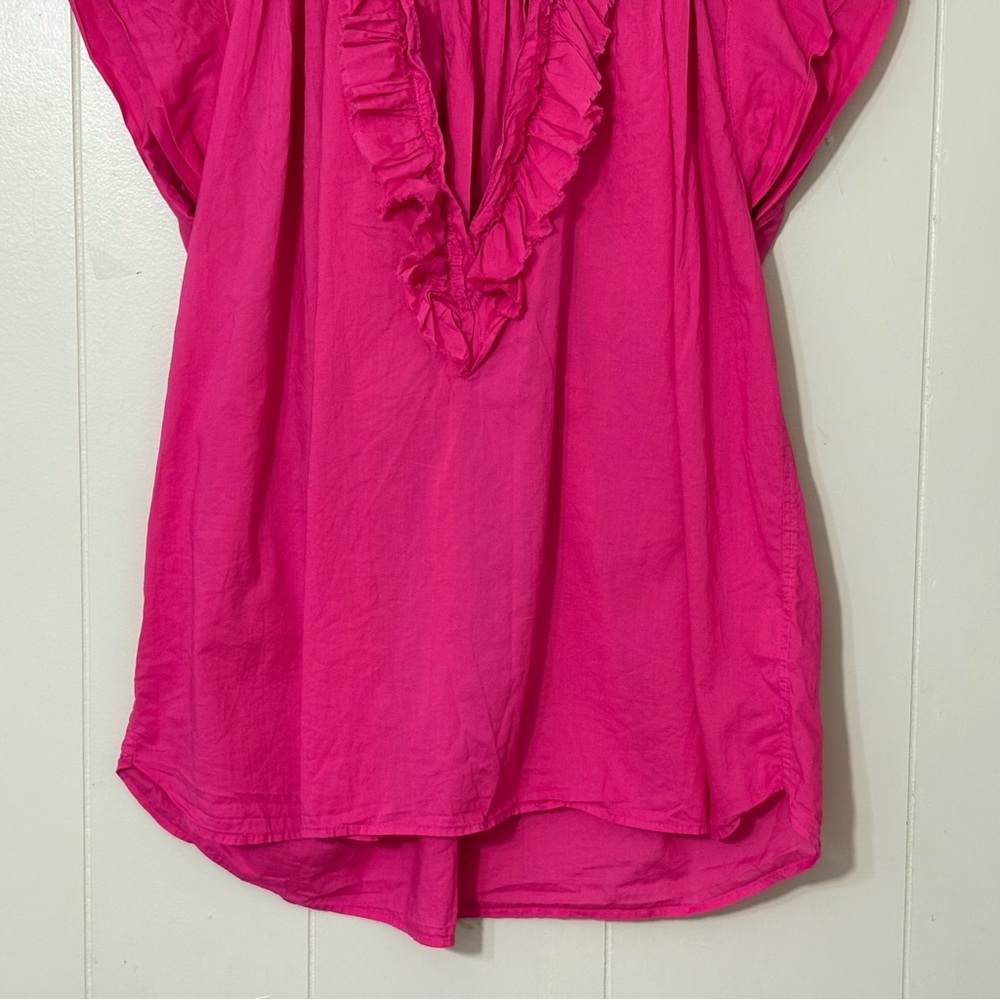 A Shirt Thing Fuchsia Ruffle V-Neck Blouse Top Medium Pink Cotton Boho Flowy - Picture 3 of 9